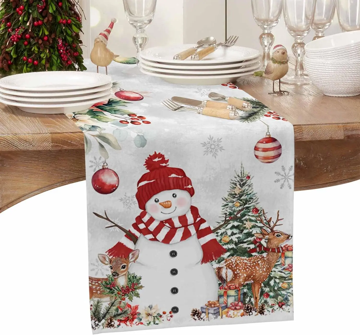 Christmas Snowman Pine Needle Linen Table Runner Party Decor Winter Xmas Snowflake Dining Table Runner Christmas Decorations