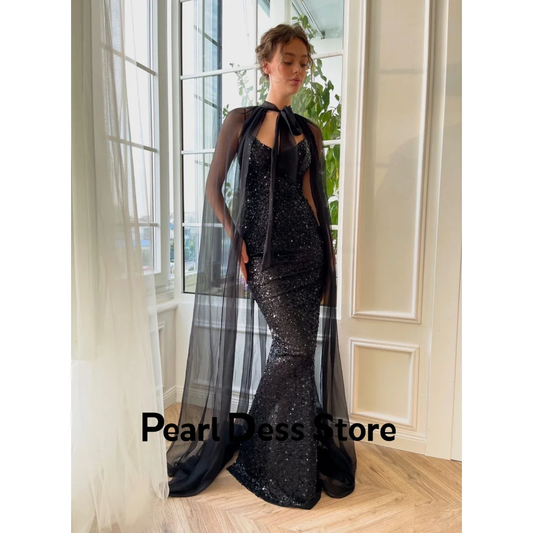 

Pearl Fish Tail Elegant Evening Dresses for Women Luxury Dresses Women 2024 Black Sequined Lace Shawl Spaghetti Straps Party