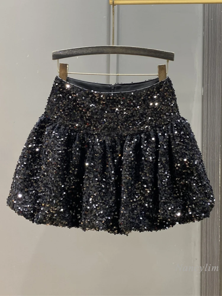 

High Waist Bud Skirt Women's Spring Winter 2025 New Niche Design Sense Heavy Industry Sequined Fluffy Skirt