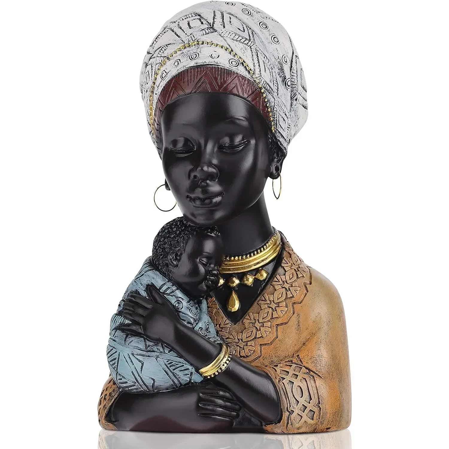 

African Women Statues Mother Son Sculpture Desk Decor Figurines Resin Bust Sculpture For Living Room Desktop Shelf Mother Gift