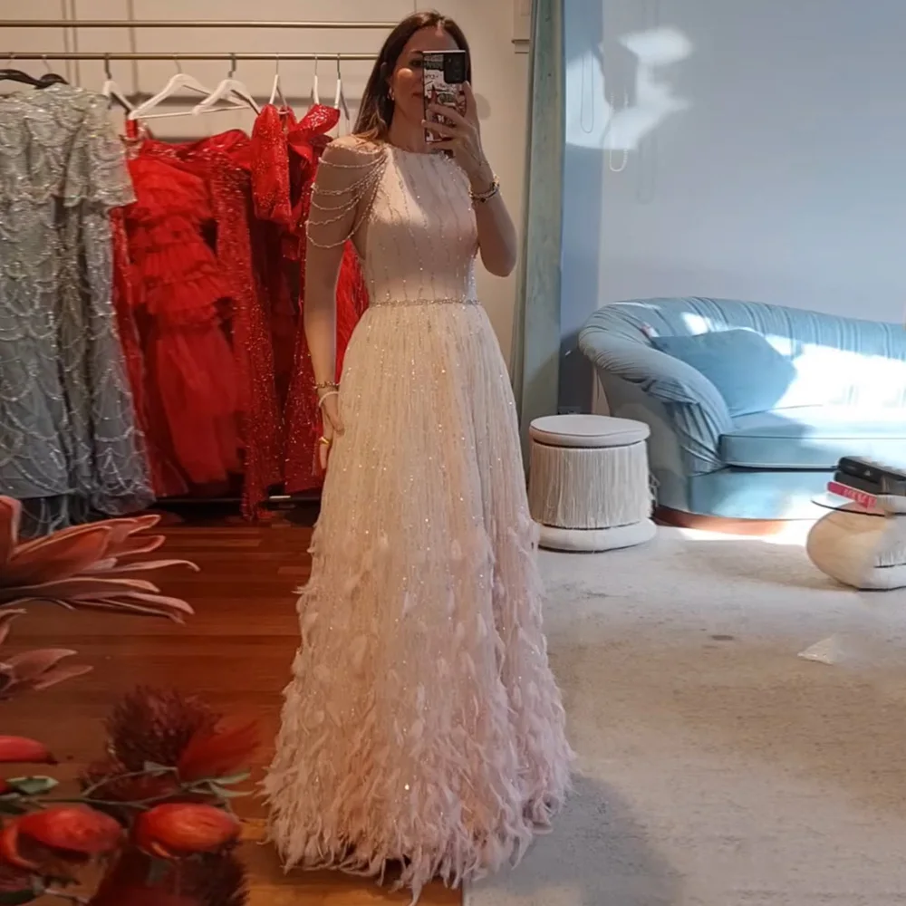 

Sharon Said Luxury Feathers Cream Arabic Beading Lace Evening Dress for Women Dubai Wedding Bridal Party Gowns SS595 Customized
