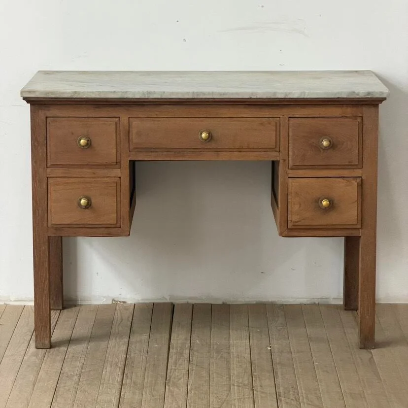 Retro wooden writing desk with marble top and multiple drawers, suitable for villa living room residential use