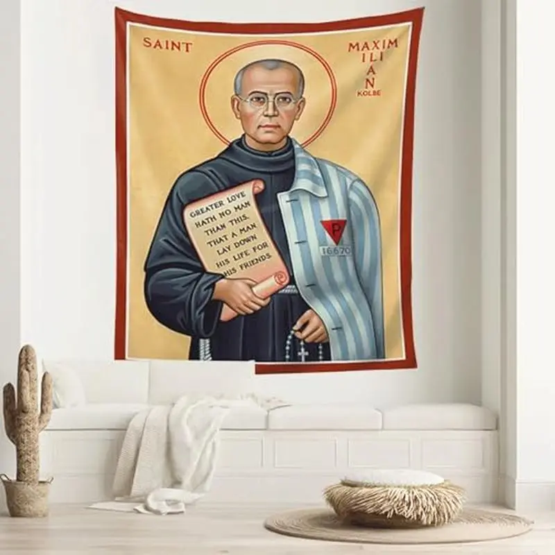 VIKAMA Saint Maximilian Kolbe Tapestry, Catholic Religious Wall Hanging, Saint Portrait Wall Decor for Bedroom Home