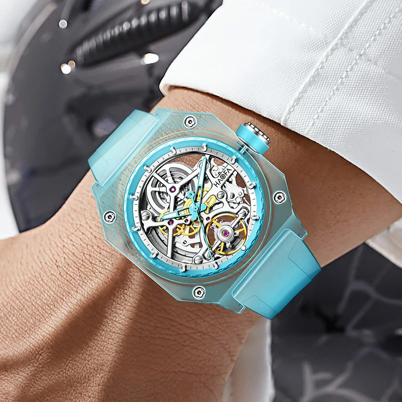 Haofa Crystal Transparent Automatic Watch for Men Luxury Hollowing Waterproof Luminous Mechanical Square Mens Watch Casual 2208