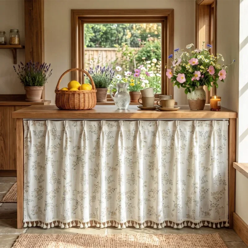 1Pc No Drill Japanese Linen Gauze Curtain with Slide Track Tassel Cabinet Dust Privacy Cover for Kitchen Pantry Farmhouse Decor