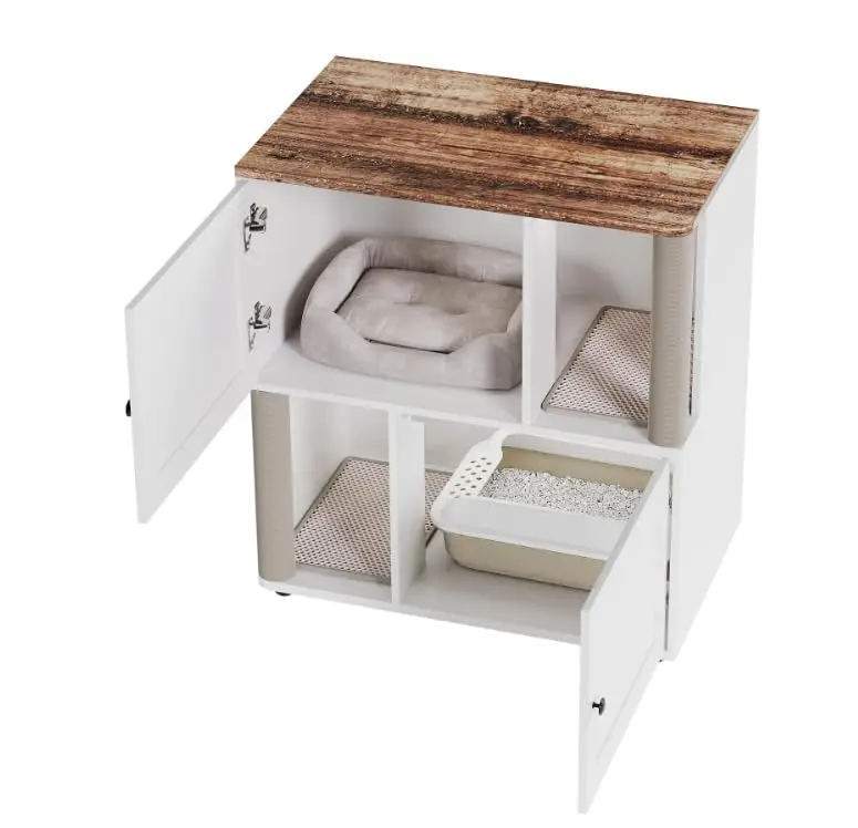 Wooden Cat Litter Box Enclosure with Sisal Scratching Posts, Hidden Cat House Cabinet, Washroom Bench for Large Cats, Customized