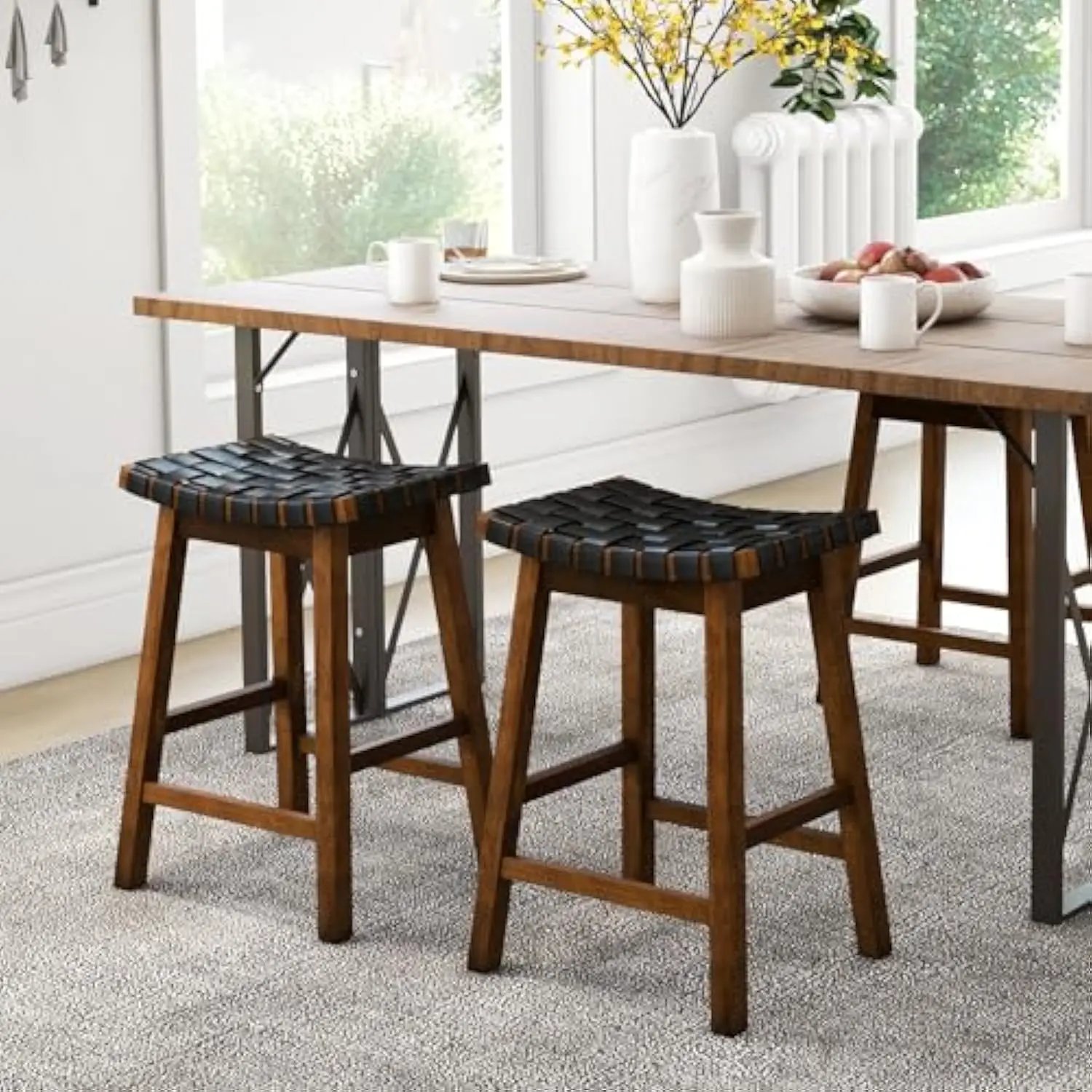 

Rattan Bar Stools Set of 2, 25 Inch Counter Height Saddle Seat Bar Stools with Wooden Footrests for Kitchen Island, Dining Roo