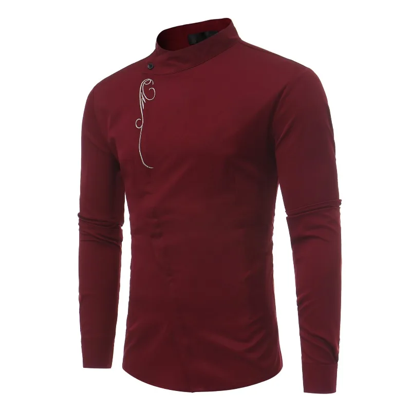Autumn new fashion oblique placket embroidered decorative men's solid color single-breasted long-sleeved stand-up collar shirt