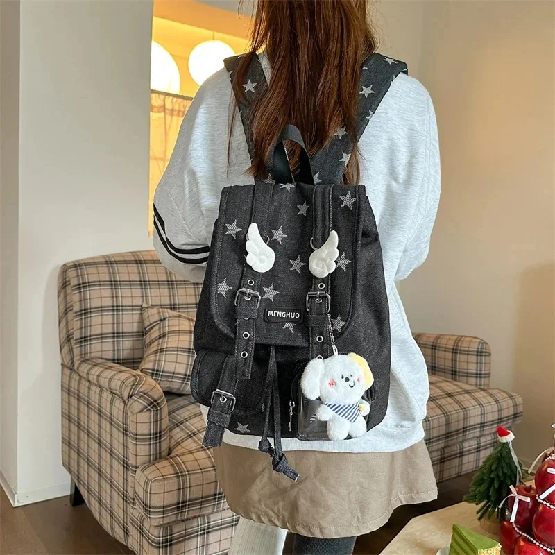Y2K Denim Star Backpack Angel Wings Ita Bag Clear Window Multi Pocket Retro Sweet Cool Casual Student Commuter Bag For Girls