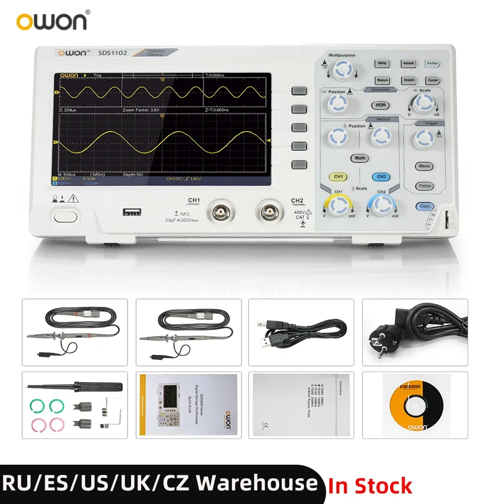 Owon SDS1102 Oscilloscope Oscillometer Digital Storage Oscilloscope 2CH 100MHz 1GS/s 7-inch LCD Display