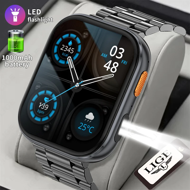 LIGE New 1000mAh Long battery life outdoors Smart Watch LED Flashlight 100+Sports mode Bluetooth Call Waterproof Men Smartwatch