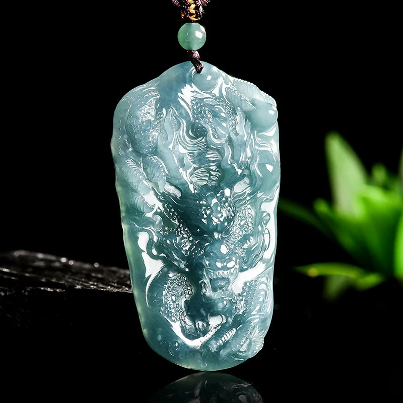 Natural A-grade Blue Water Jade Pendant Four Seas Dragon Brand Zodiac Business Prosperity Jewelry For Men's Gifts Women's Charms