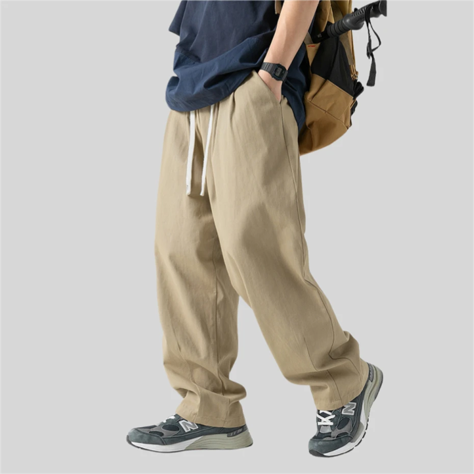 Men Beige Casual Pants Harajuku Baggy Cotton Trousers Straight Pant Men Oversized Pocket Design 2025 New Autumn Pants