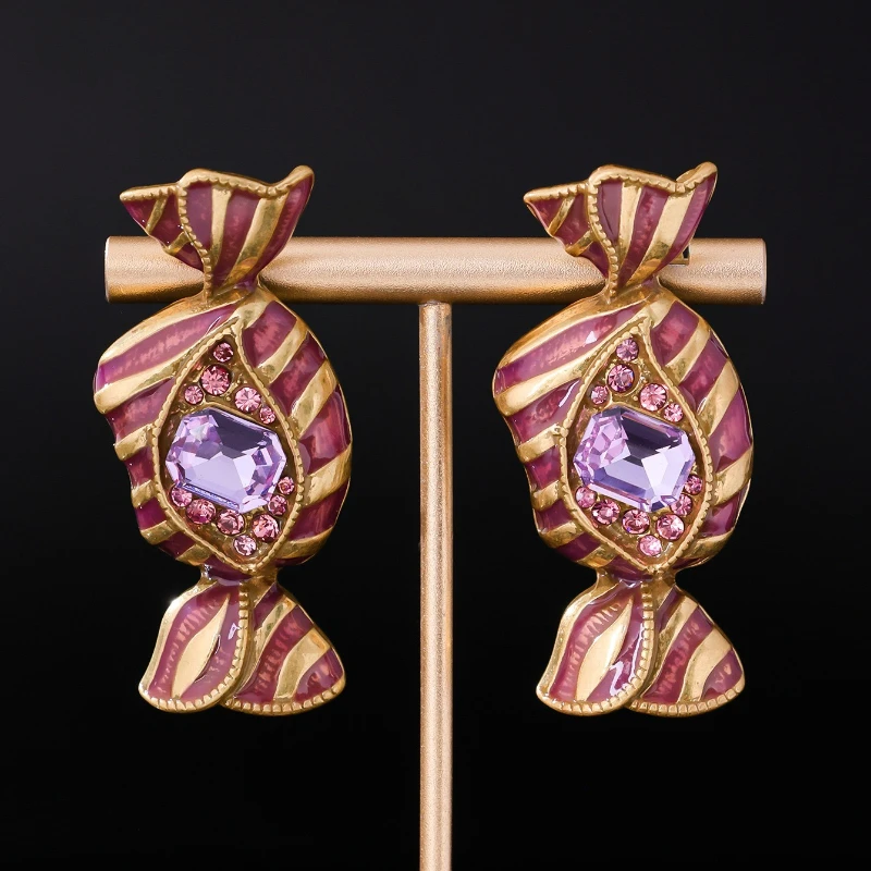 

Luxury Retro Candy Pattern Enamel Crystal Stud Earrings Women Wedding Party Jewelry