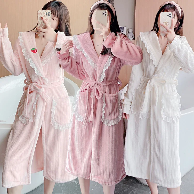 

2023 Winter Long Sleeve Thick Warm Flannel Kimono Robes for Women Cute Lace Bride Robe Bathrobe Sleepwear Nightdress Night Dress