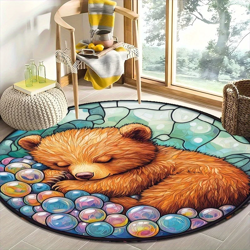 Little Bear's Dream Bubble Flannel-printed round floor mats are slip-resistant Suitable for living room terrace garden carpets