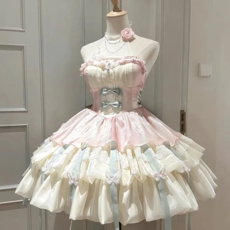 اليابانية Kawaii القوس الدانتيل لوليتا المرأة الحلو لطيف نفخة الأكمام ضئيلة الوردي فساتين صغيرة الإناث Pretty2025 جديد فستان الأميرة الجنية