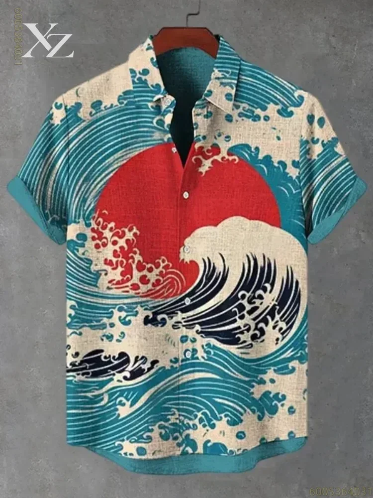 Men's short-sleeved shirt with cute cat and ramen print, for everyday wear, vacations, and commuting