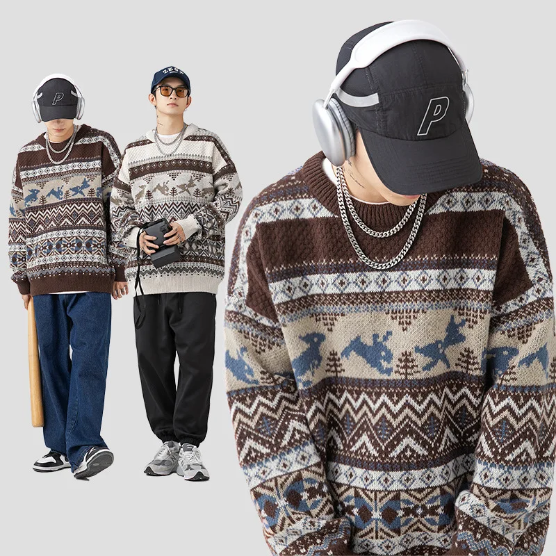 New Fashion Pattern Warm Sweater Couples Men Casual Loose Baggy Knitted Pullovers Oversize Retro Streetweear Clothing