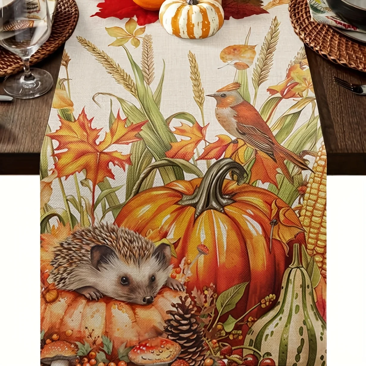 1 Piece of Autumn Pastoral Table Runner, Painted Hedgehog, Pumpkin, Flower and Bird, Suitable for Restaurant, Home, Picnic, Harvest Party, Market Decoration.