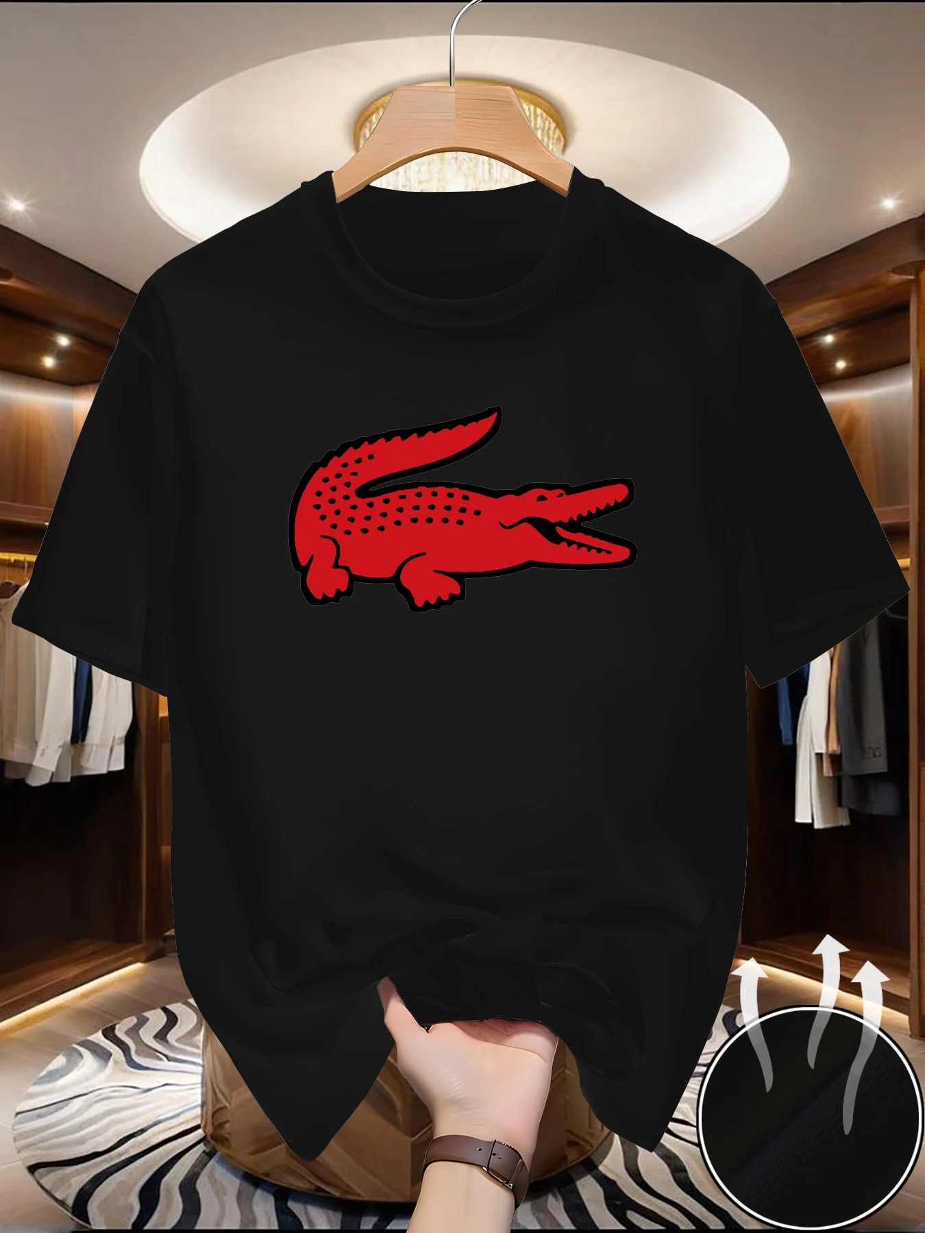 Men's loose short sleeved round neck T-shirt with crocodile print pattern, sporty and casual style, suitable for summer wear