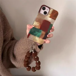 Retro brown red color blocked phone case with fur ball phone chain For iPhone 11 12 13 14 15 pro max