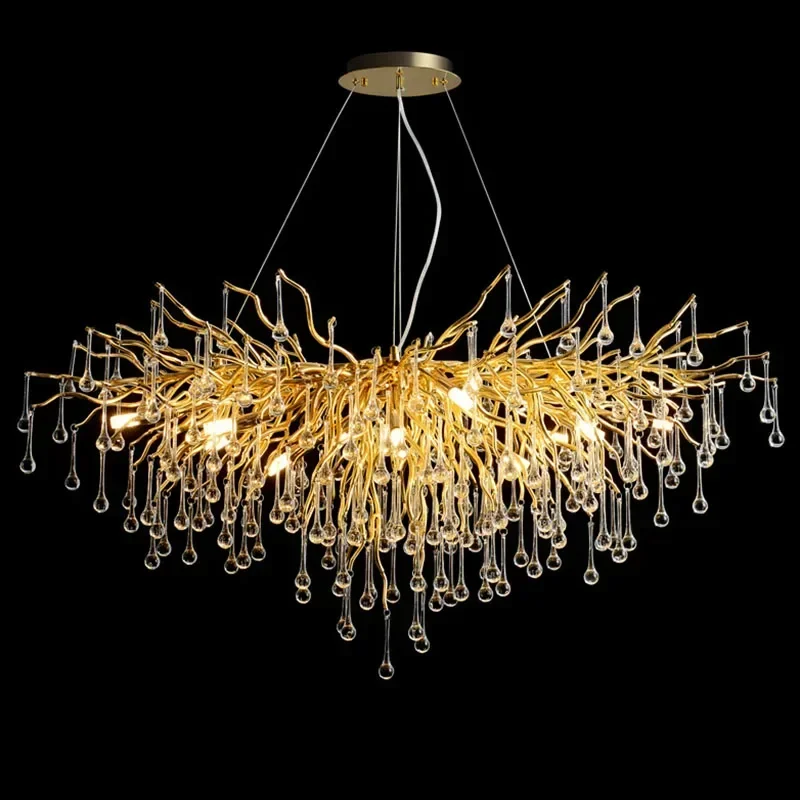 

Modern Dining Room Lamp French Luxury Living Room Decor Water Drop Crystal Branch Ceiling Lamp Villa Led Hanging Chandelier