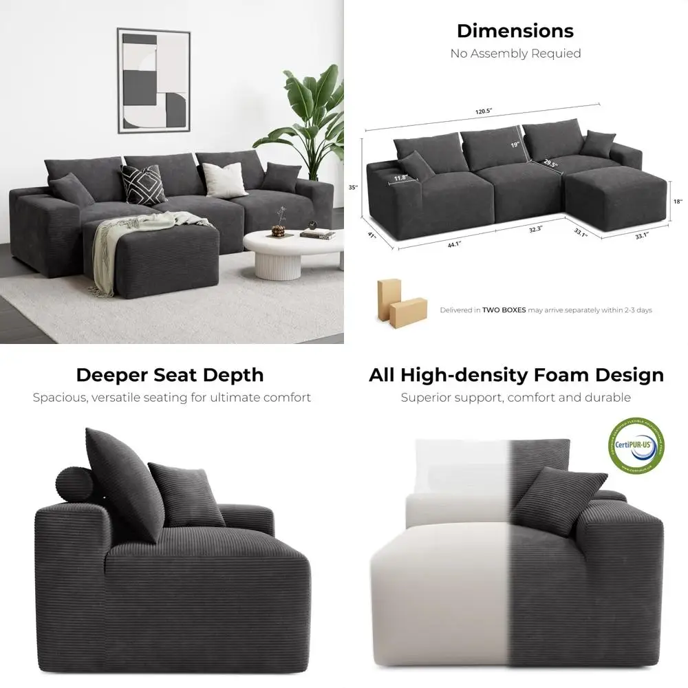 

"120 inch contemporary l-shaped sectional sofa in dark grey corduroy with oversized 3-seat couch and deep seating for living roo