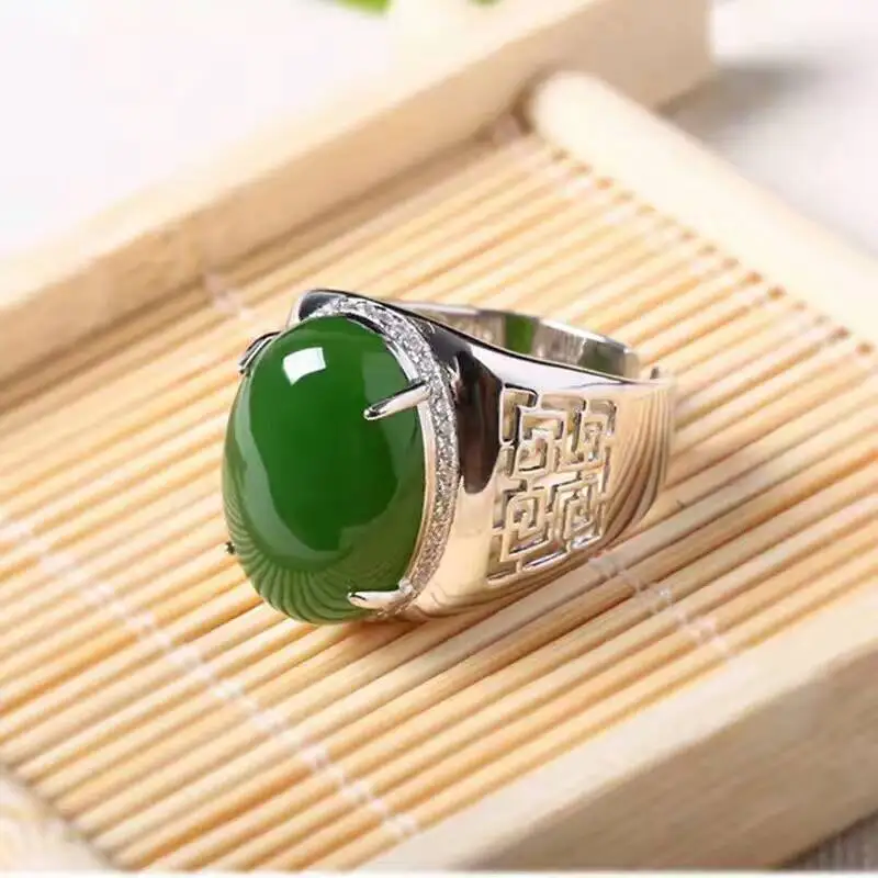 Stile cinese verde giada di man anello 12*16 millimetri naturale giada vintage 925 d\'argento della pietra preziosa dell\'argento per l\'uomo di lusso