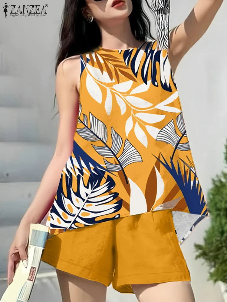 

ZANZEA Vacation Womens 2 Pieces Sets Summer Floral Printed Sleeveless Tops Elastic Waist Shorts 2pcs Outfits Day Wear Short Sets