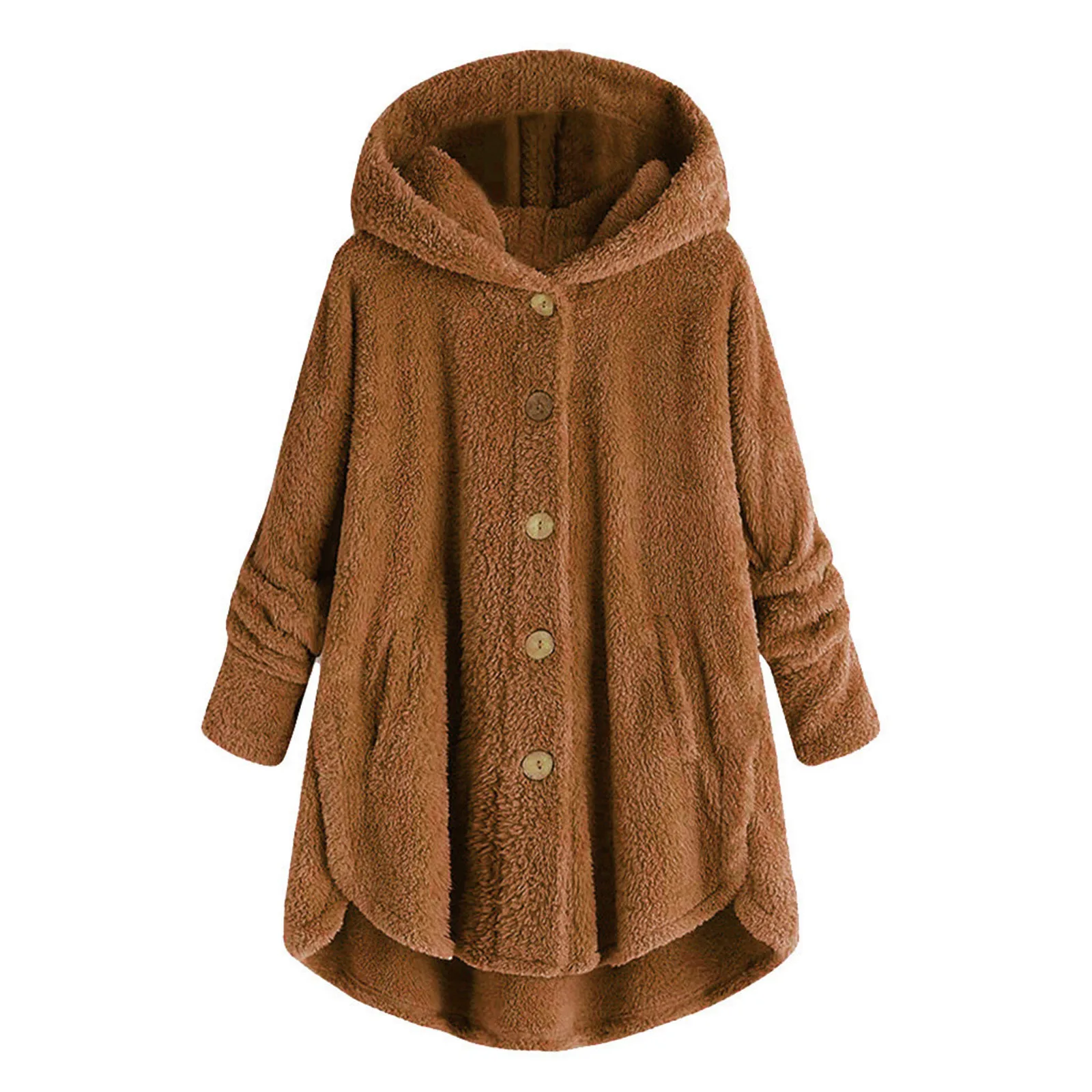 Women\'s Cardigan Button Plush Hooded Loose Long Cardigan Autumn and Winter Models Thickened Warm Solid Colour Plush Jacket Tops