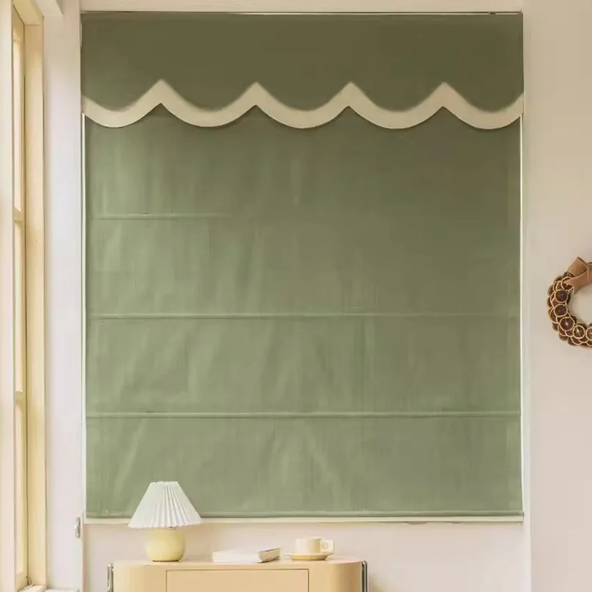 

Modern Solid Green Color Customized Flat Roman Blinds With Heading Window Shades For Living Room