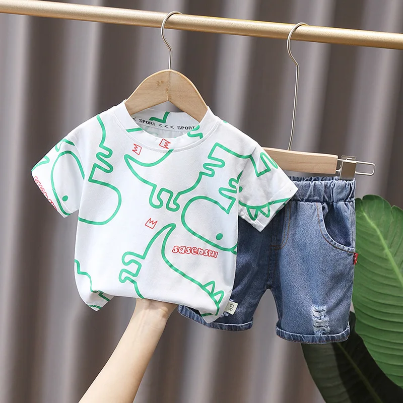 Boys Clothes Summer Fashion Crew Neck Children Tracksuit Dinosaur T-shirt Denim Shorts Suit Kids Outfit Baby Boys Set 1-5 Years