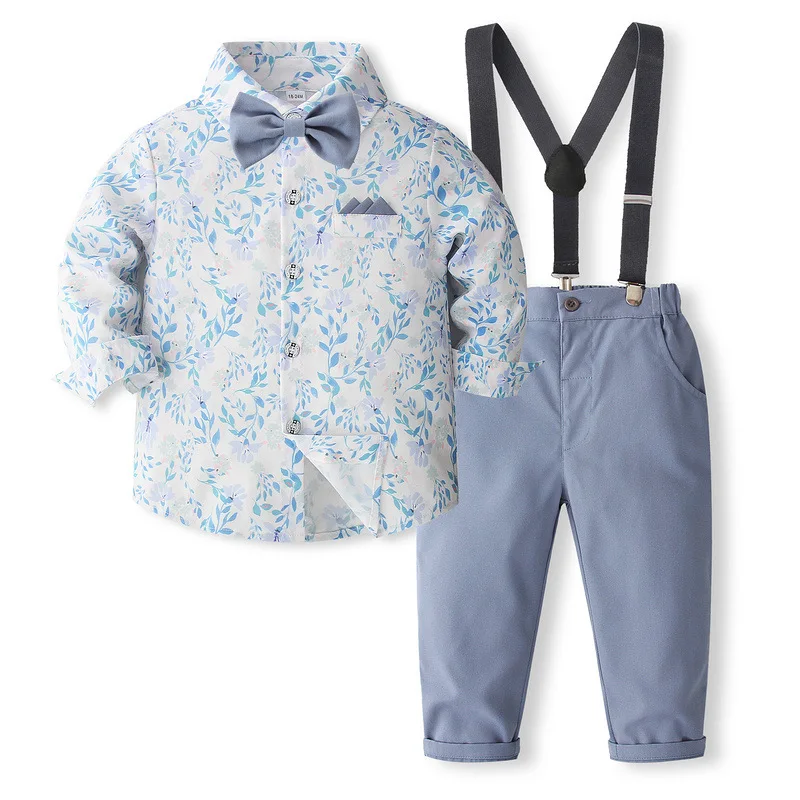Spring Autumn Toddler Boys Clothes Korean Fashion Gentleman Tie Print Long Sleeve Baby Tops+Pants Sets Children Clothing B521