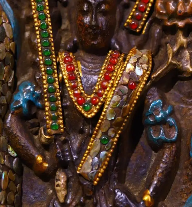 9”Nepalese folk  Old Meteorites Mosaic Gem gZi Beads Shell Painted Buddha's Hand Bodhisattva Akashagarbha Buddha