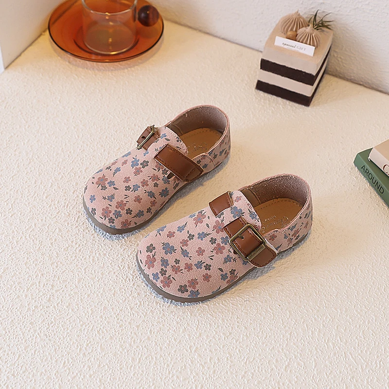 Children's Soft-soled Joker Leather Shoes Spring and Autumn Fashion Printing Decorative Girl Floral Pattern One Pedal Flat Shoes