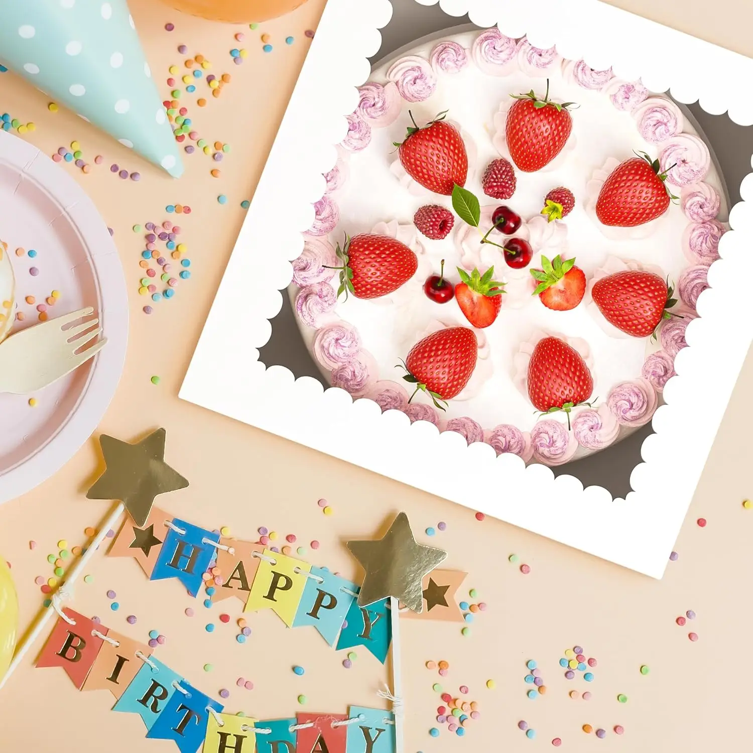 3 Pack Cake Boxes, 10x10x8 Inches Tall Cakes Box with Window, White Cake Boxes with Cakes Boards, Square Bakery Box, for Cake, T view 6