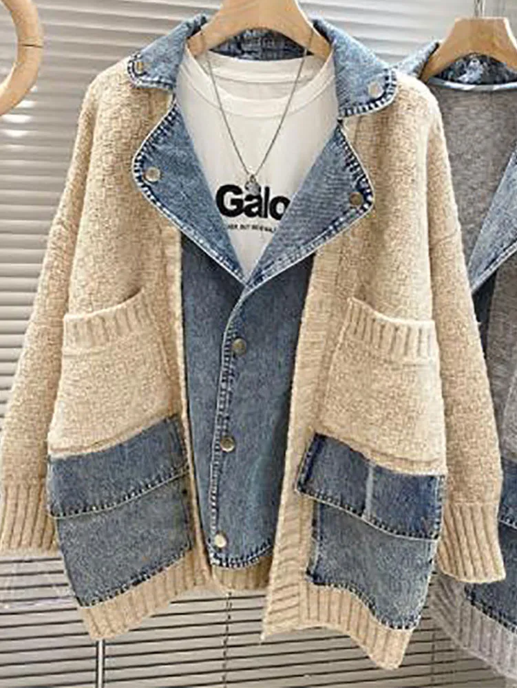 Imagem -03 - Cardigan Camisola Feminina Denim Grosso Falso Cabolsa Feminino Turn-down Colarinho Outerwear Senhora Retalhos Bolsos Malhas Pull Femme Luxe