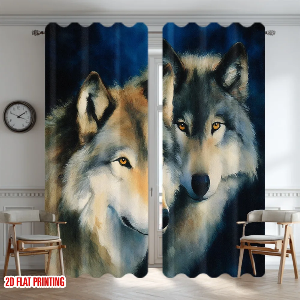 2D flat printing 2pcs Drapes Wolf Couple Wildlife Canvas Digital Printed Polyester Drapes Festive Holiday for Festive and Winter