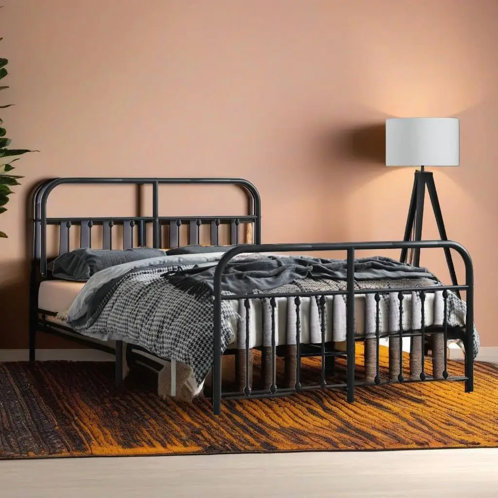 

Black Metal Bed Frame with Footboard - 53.1x74.8 - No Mattress Included - Sturdy Modern Design