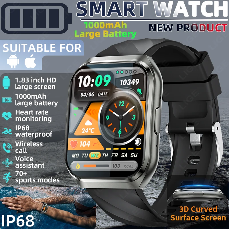 

LIGE New Smart Watch Man 1000mAh Long Standby Outdoor Smartwatch Men IP68 Waterproof Heart Rate Sport Bluetooth Call Smart watch