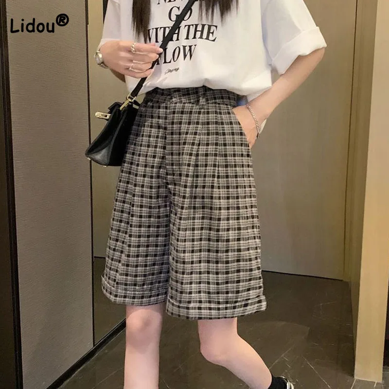 

Casual Korean High Waist Plaid Pants 2023 Summer Fashion Female Clothing Simplicity All-match Straight Knee Pants for Women