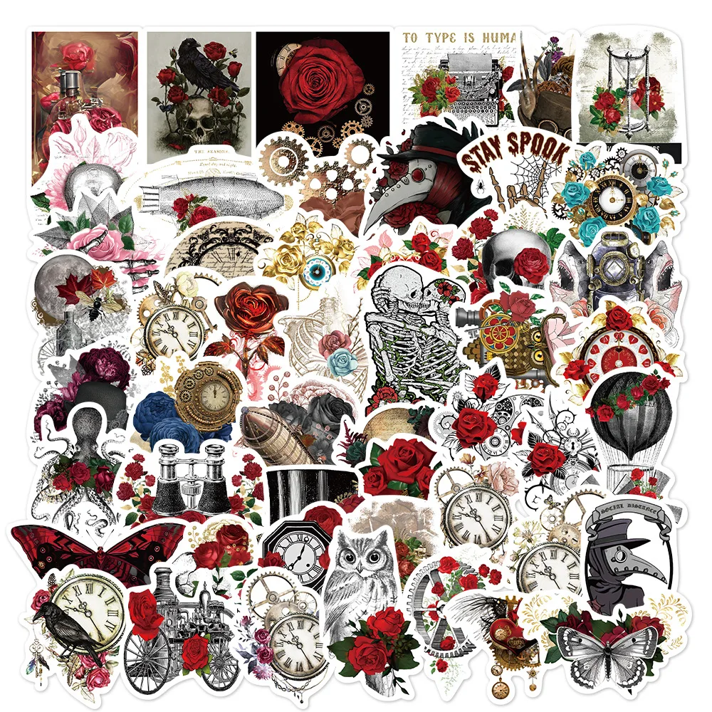 10/30/50PCS Retro Skull Rose Waterproof Graffiti Sticker Aesthetic Decorative Luggage Laptop Guitar Diary Scrapbook Kid Stickers