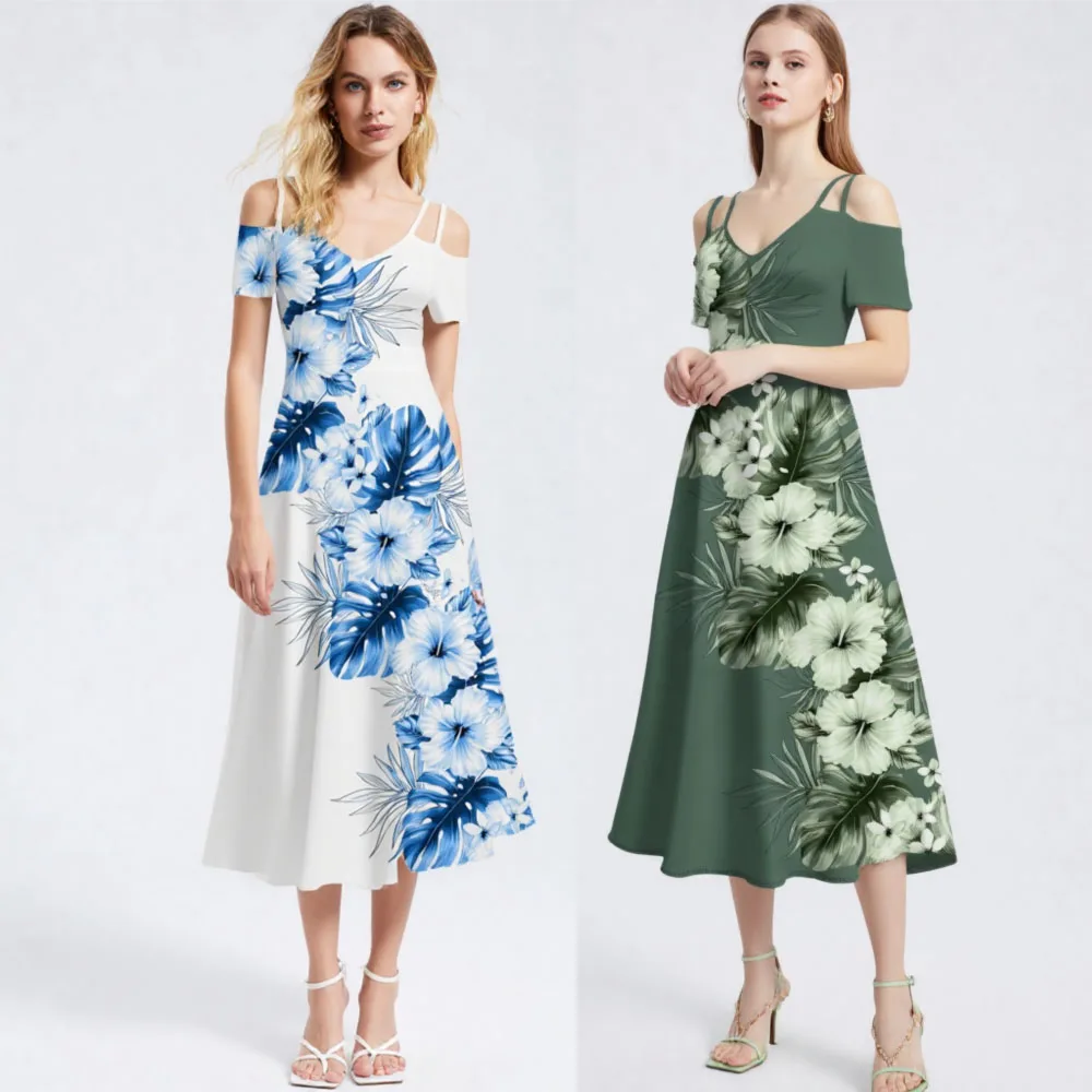 ROSEGAL Vestidos largos informales para mujer, estampado de hojas tropicales, flores de hibisco, hombros descubiertos, vestido maxi hawaiano cruzado, Vestidos