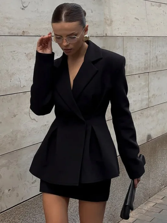 Fashion Slim Fit Black Blazer For Women Suit 2026 Spring And Autumn Solid Color Casual Long Sleeve Blazers +skirt 2 Piece Set