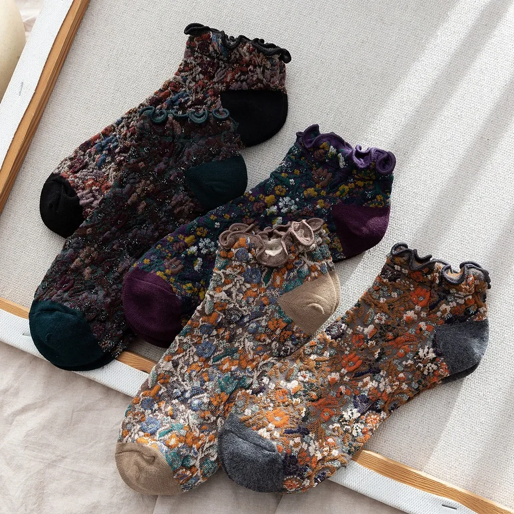 Moda Drukuj Bawełniane skarpetki damskie Letnie krótkie skarpetki Harajuku Retro Koreański styl japoński Kawaii Śliczne nisko wycięte skarpetki do kostki Kapcie