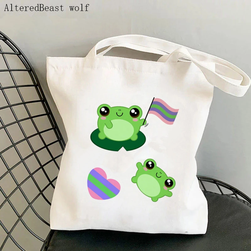 Women Shopper bag Kawaii Froggy Waving Abrosexual Pride Flag Bag Harajuku Canvas Shopper Bag girl handbag Shoulder Lady Bag