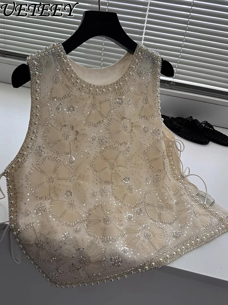 

Solid Color Three-Dimensional Flower Spliced Sleeveless Vest Women Heavy Beaded Sleeveless Tshirt Top Summer New Women's Fashion