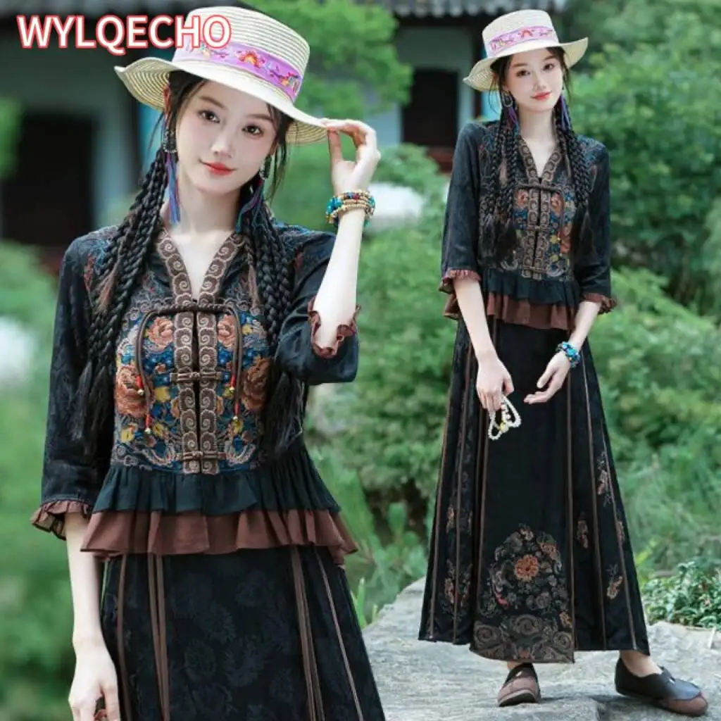 

2024 chinese ethnic hanfu blouse national flower embroidery traditional v-neck cardigan improved hanfu tops oriental tang suit