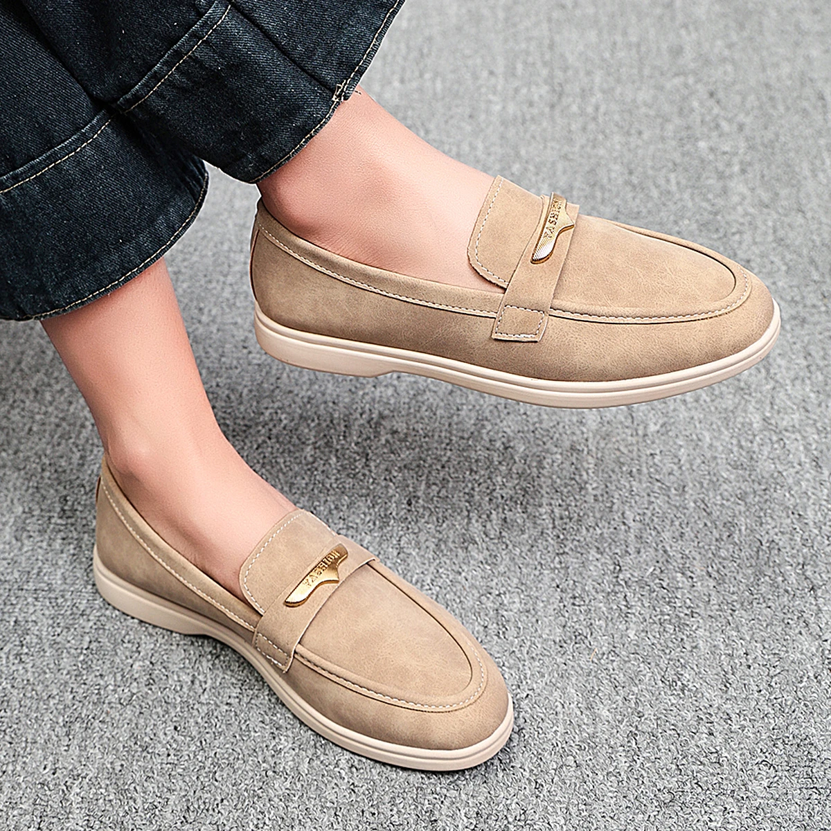 Spring Autumn Women Suede Loafers Shoes Round Toe Metal Turn Lock Decor Platform Thick Sole Slip on Casual Comfortable Shoes